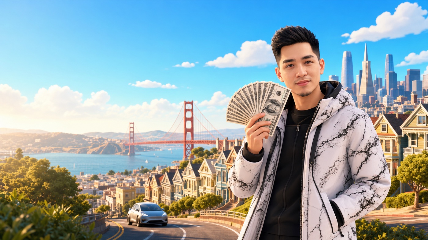Sherwin animado con billetes de cien dólares frente al puente Golden Gate, casas y rascacielos de San Francisco